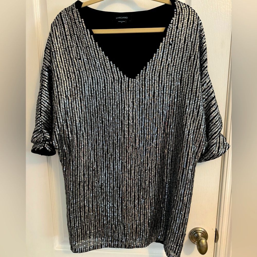 Marciano Silver Sequined V Neck Dress Size Medium